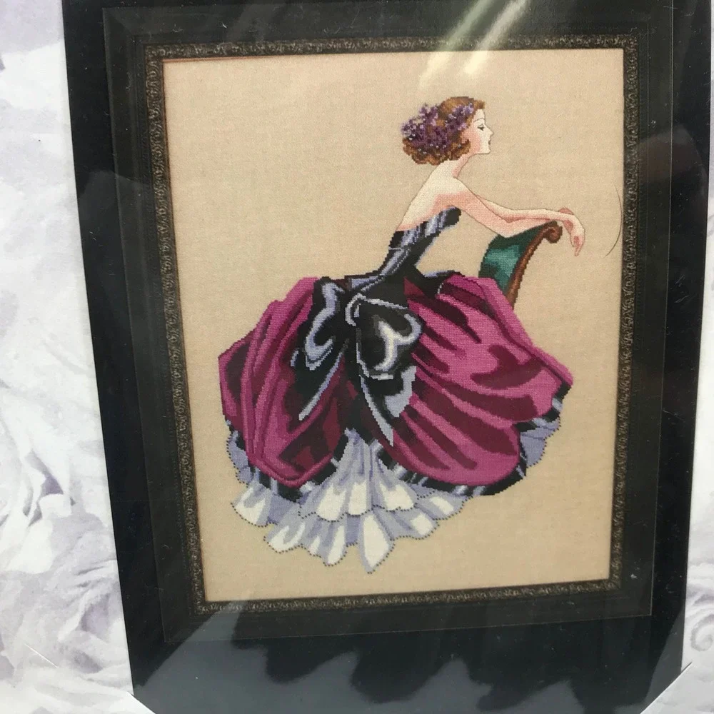 Mirabilia Cross Stitch Kit Victorian Lady Purple Gown Aida Cloth Needle Minder
